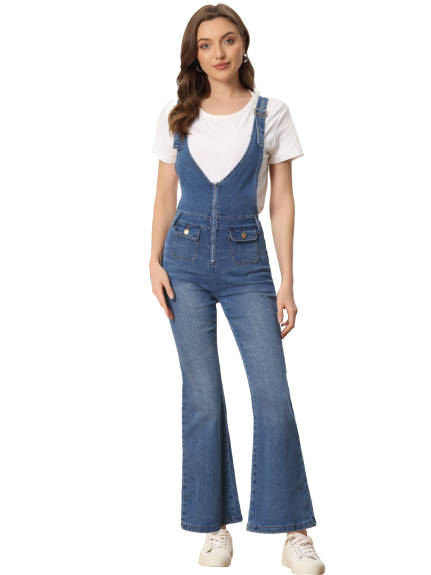 Allegra K - Bell Bottom Adjustable Bib Jeans Denim Pants