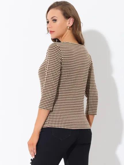 Allegra K- Houndstooth Plaid 3/4 Sleeve Boat Neck Blouse