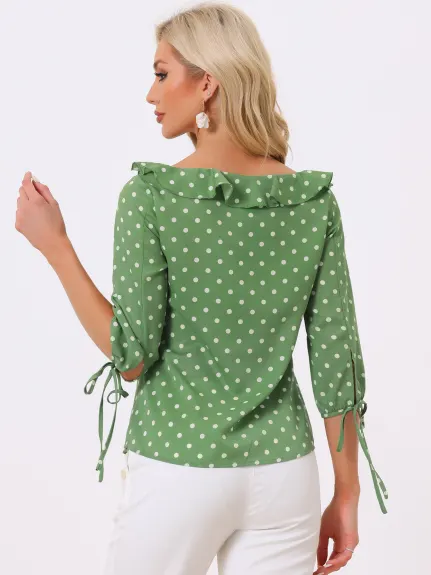 Allegra K- Ruffled Neck Half Sleeve Sheer Polka Dots Blouse