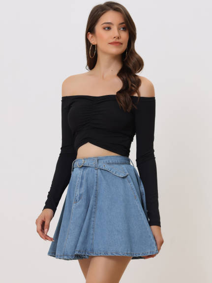 Allegra K- Belted A-Line Mini Denim Skirt