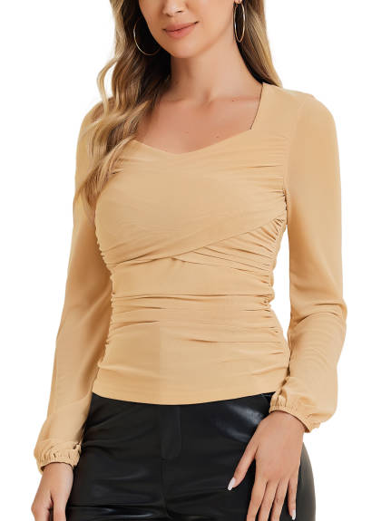 Allegra K- Ruched Mesh Wrap Tops