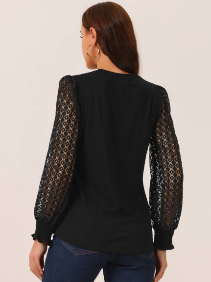 Allegra K - Lace V Neck Hallow Out Sleeve Blouse