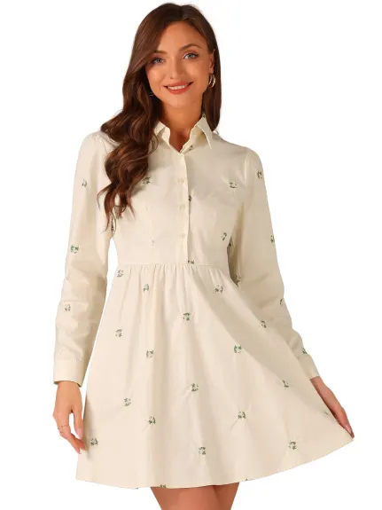 Allegra K- Long Sleeve Half Placket Embroidered Floral Mini Dress