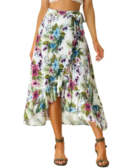 Allegra K- Self Tie Split Ruffle Wrap Midi Skirt