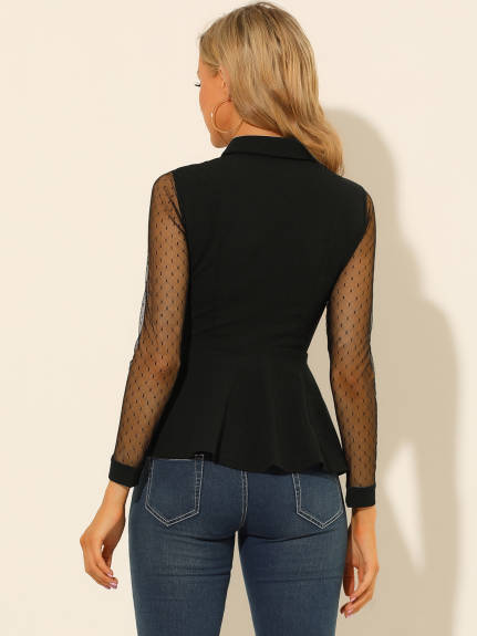 Allegra K- Mesh Sheer Long Sleeve Collar Keyhole Peplum Top