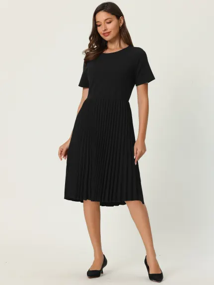 Hobemty- Short Sleeve Pleated Midi A-Line Dress