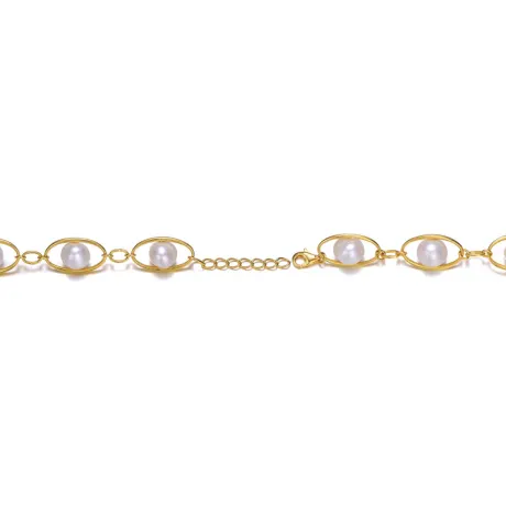 Genevive Sterling Silver 14k Gold Plated with Genuine Freshwater Pearl Oval Link Bracelet