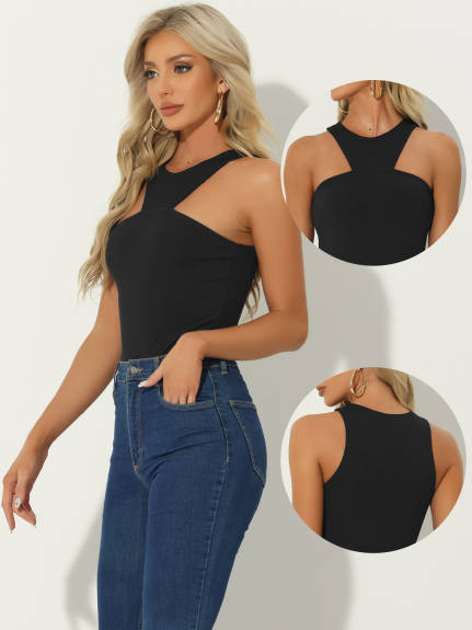 Allegra K - Sleeveless Asymmetrical Halter Neck Bodysuit