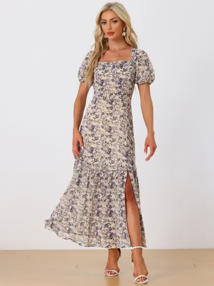 Allegra K - Summer Puff Sleeve Floral Split Maxi Dress