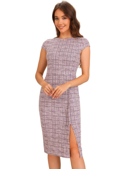 Allegra K - Crewneck Tweed Plaid Bodycon Dress