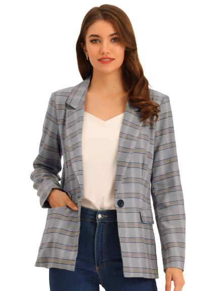 Allegra K- Notched Lapel One Button Blazer Suit Plaid Jacket