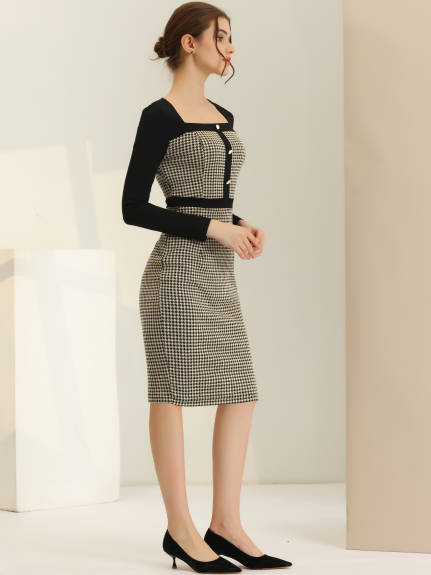 Allegra K- Bodycon Square Neck Contrast Color Plaid Houndstooth Dress