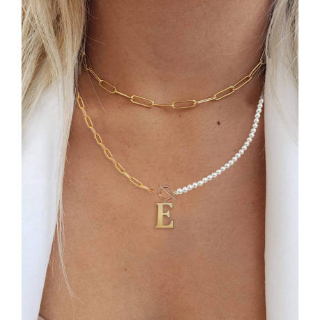 Rachel Glauber 14K Gold Plated Initial "E" Pearl Link Chain Necklace