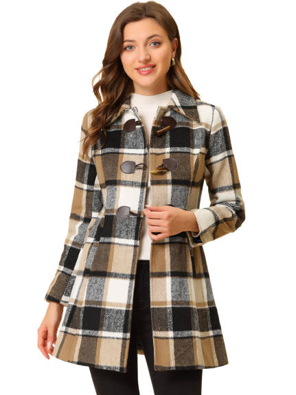 Allegra K- Turn Down Collar Plaid Toggle Duffle Long Overcoat