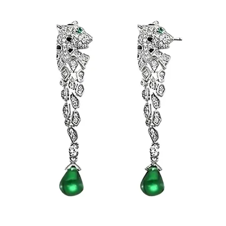 Genevive Sterling Silver White Gold Plated with Emerald Green Cubic Zirconia Fauna Drop Earrings