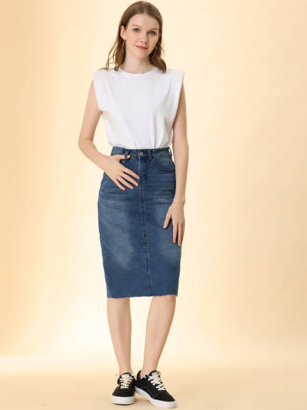 Allegra K- High Waist Back Slit Stretch Denim Skirt