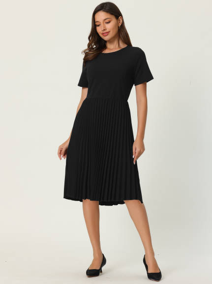 Hobemty- Short Sleeve Pleated Midi A-Line Dress