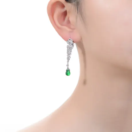 Genevive Sterling Silver White Gold Plated with Emerald Green Cubic Zirconia Fauna Drop Earrings