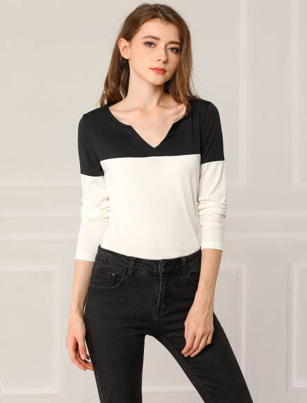 Allegra K- Color Block V Neck Henley Blouse