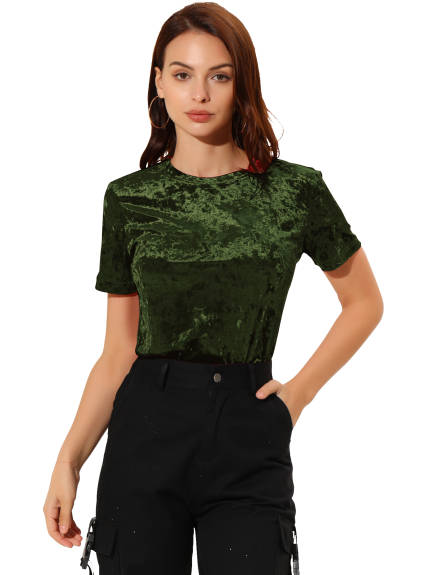 Allegra K- Velvet Top Crew Neck Short Sleeve T-Shirt