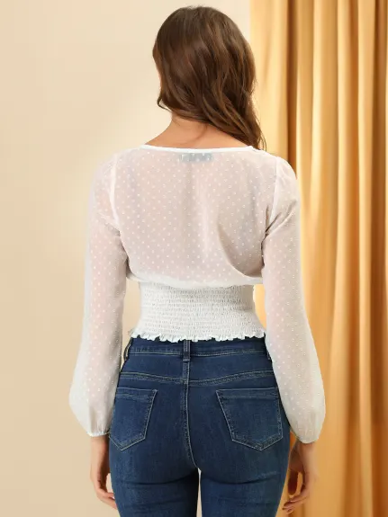 Allegra K - Mesh Sleeve Swiss Dot Smocked Crop Top