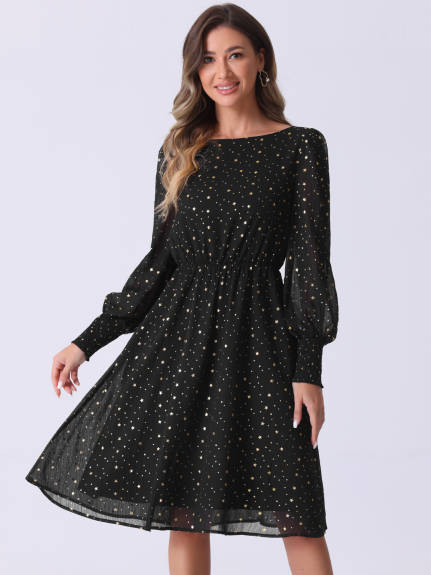 Allegra K - Puff Long Sleeve Gliding Stars Midi Dress