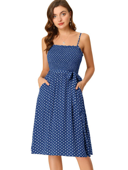 Allegra K- Polka Dots Tie Waist Smocked Spaghetti Strap Dress