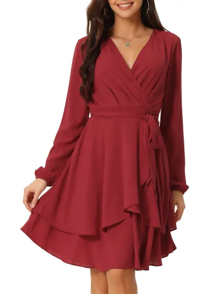 Allegra K- Deep V Neck Wrap Long Sleeve Belted Mini Skating Flowy Dress