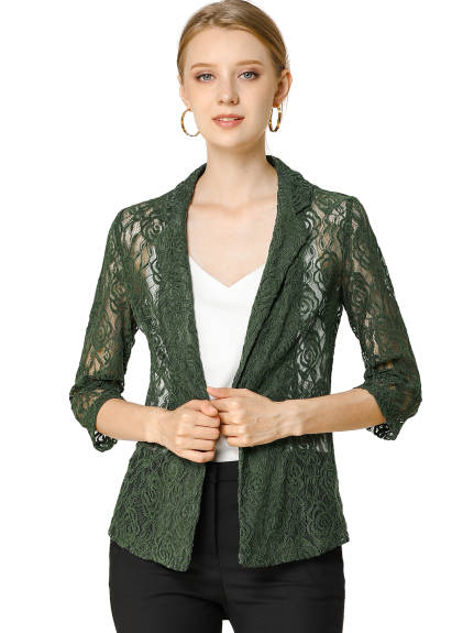 Allegra K- Lace 3/4 Sleeves Notched Lapel One-Button Cardigan