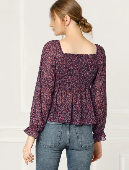 Allegra K- Floral Printed Square Neck Chiffon Peplum Blouse