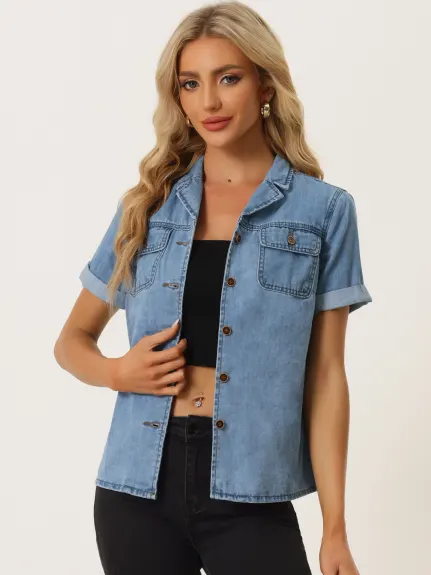 Allegra K- Button Down Notched Collar Jean Shirt