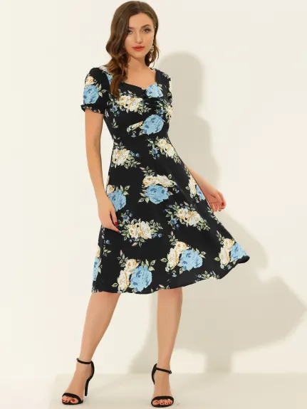 Allegra K- Floral Sweetheart Cherry Print Flare Dress