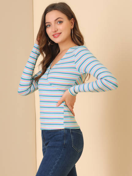 Allegra K- Stripe Rainbow Color Slim Long Sleeve Knit T-Shirt