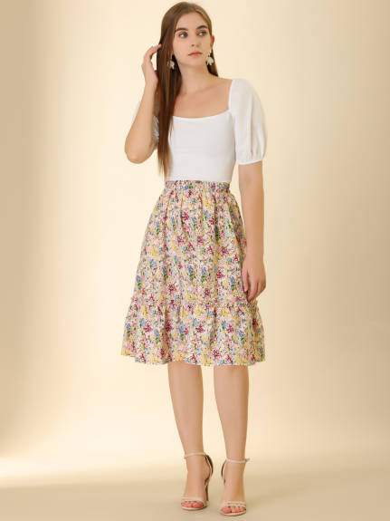 Allegra K- Ruffle Hem Tiered A-Line Floral Midi Skirt