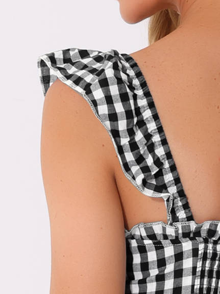 Allegra K- Gingham Peplum Square Neck Blouse