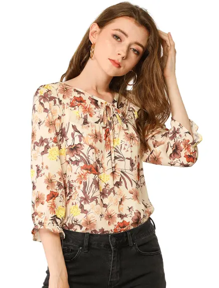 Allegra K- Tie V Neck Ruffled 3/4 Sleeve Floral Blouse