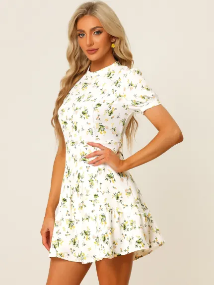 Allegra K- Floral Short Sleeve Self Tie Mini Dress