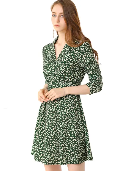 Allegra K- Floral Lapel Collar A-Line Dress