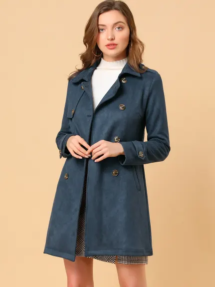 Allegra K- Trench-coat croisé en faux suède à revers cranté