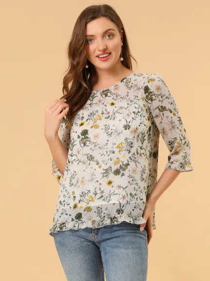 Allegra K- Floral Ruffled 3/4 Sleeve Chiffon Blouse