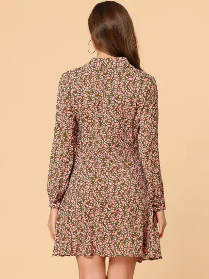 Allegra K- Floral Camp Collar Fit and Flare Shirt dress