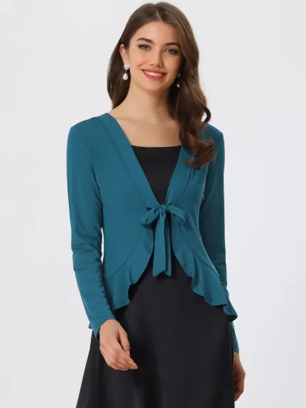 Allegra K- Tie Cardigan court en tricot à volants métallisé ouvert sur le devant