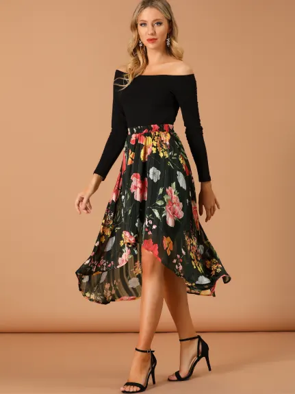 Allegra K- High Low Hem A-Line Midi Floral Skirt