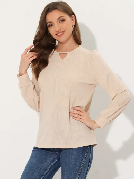 Allegra K - Long Sleeve Textured Keyhole Tops