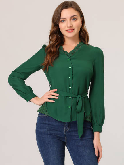 Allegra K - Lace Trim Tie Waist Long Sleeve Blouse