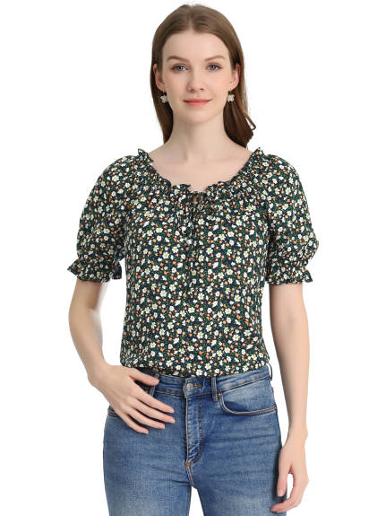 Allegra K- Sweetheart Neck Raglan Sleeve Ruffle Floral Top