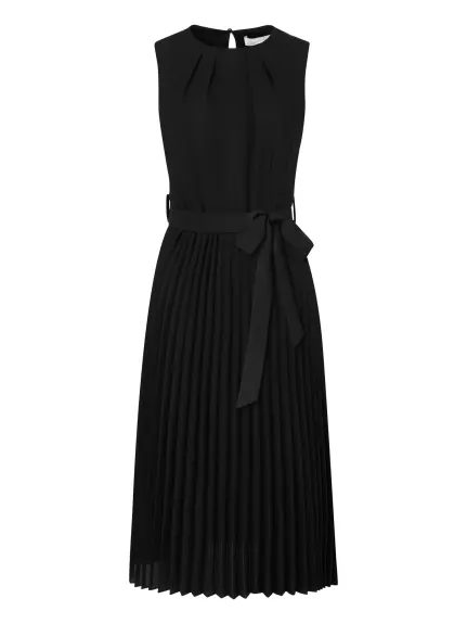 Hobemty- Sleeveless Pleated Tie Waist Dress