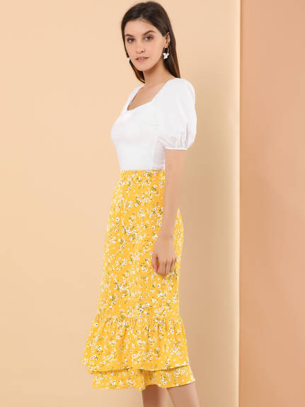 Allegra K- Printed Chiffon Ruffle Tiered Zipper Midi Skirt