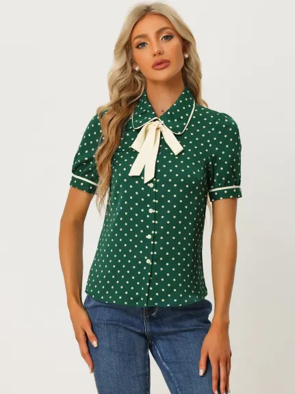 Allegra K- Polka Dots Peter Pan Collar Tie Neck Shirt