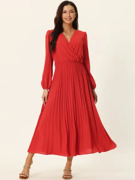 Allegra K- Pleated Puff Long Sleeve V Neck Belt Waist Midi Dress